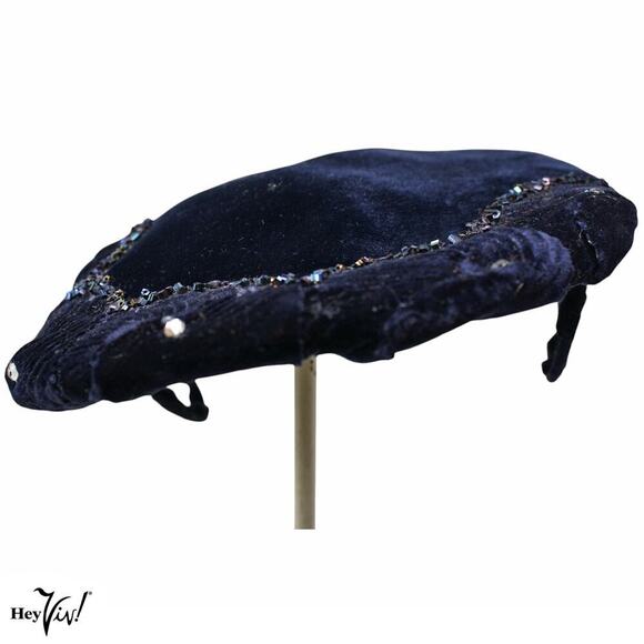 Vintage 1950s Platter Cocktail Hat Blue Velvet w Beads and Rhinestones - Hey Viv - Picture 6 of 7